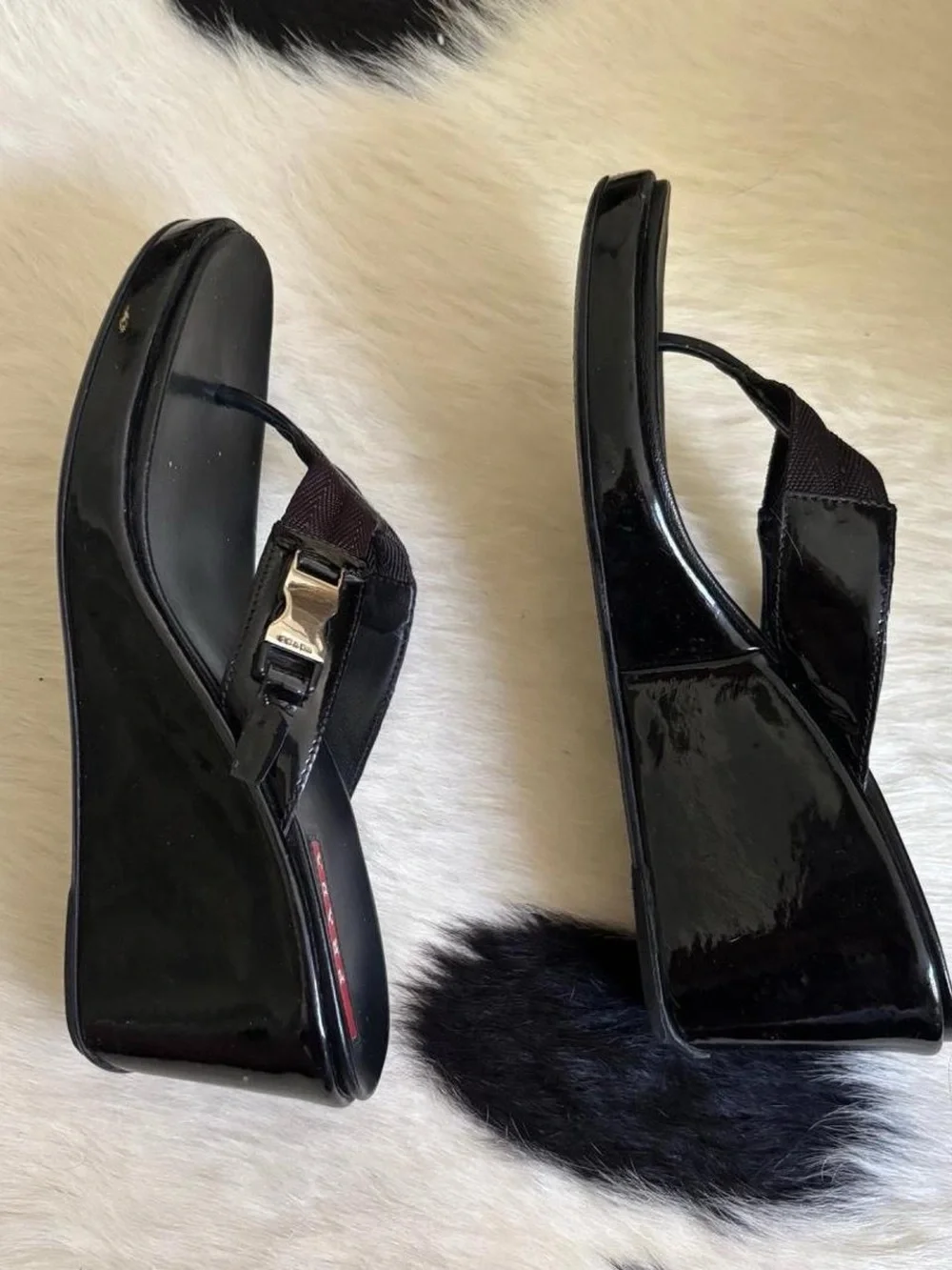 Vintage Prada Sport Black Wedge Thong Sandals with Buckle Detail